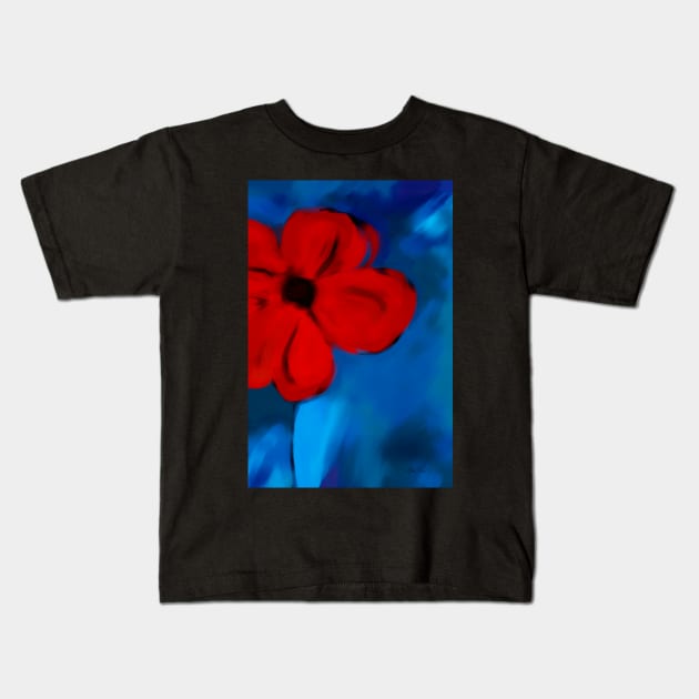 Red Flower On Blue Kids T-Shirt by art64